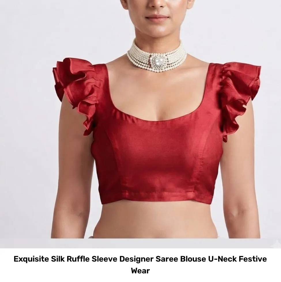 Exquisite Silk Ruffle Sleeve Designer Saree Blouse – U-Neck Festive Wear 5