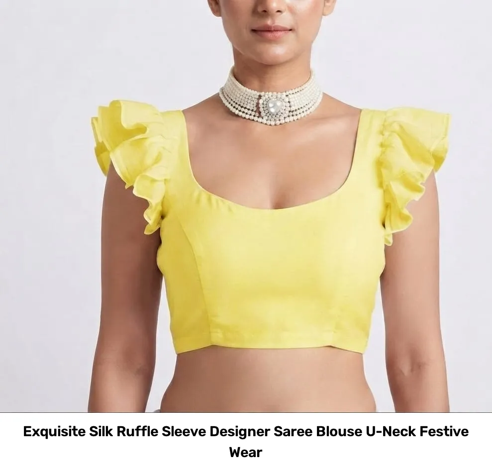 Exquisite Silk Ruffle Sleeve Designer Saree Blouse – U-Neck Festive Wear 7