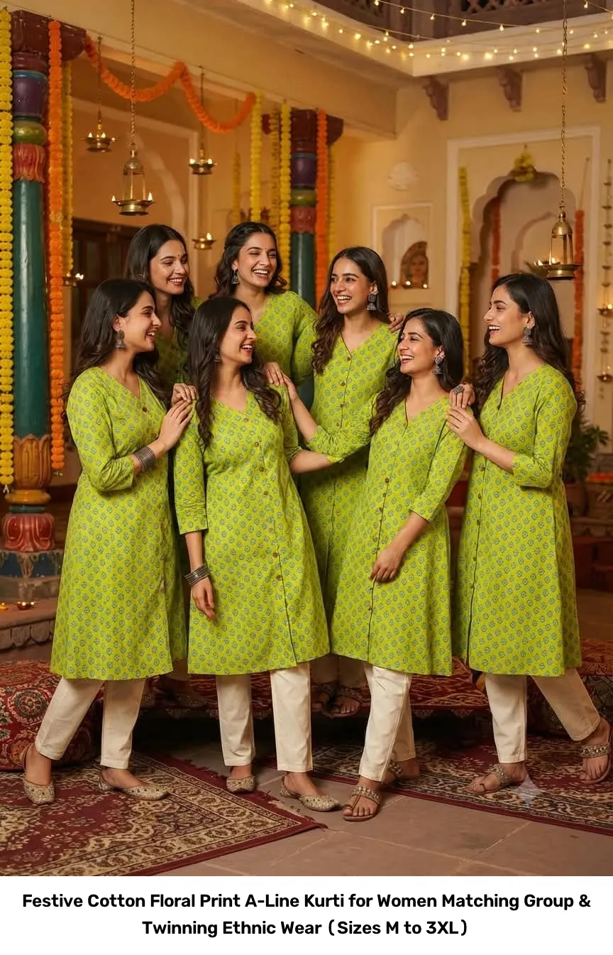 Festive Cotton Floral Print A-Line Kurti for Women – Matching Group & Twinning Ethnic Wear (Sizes M to 3XL) 2