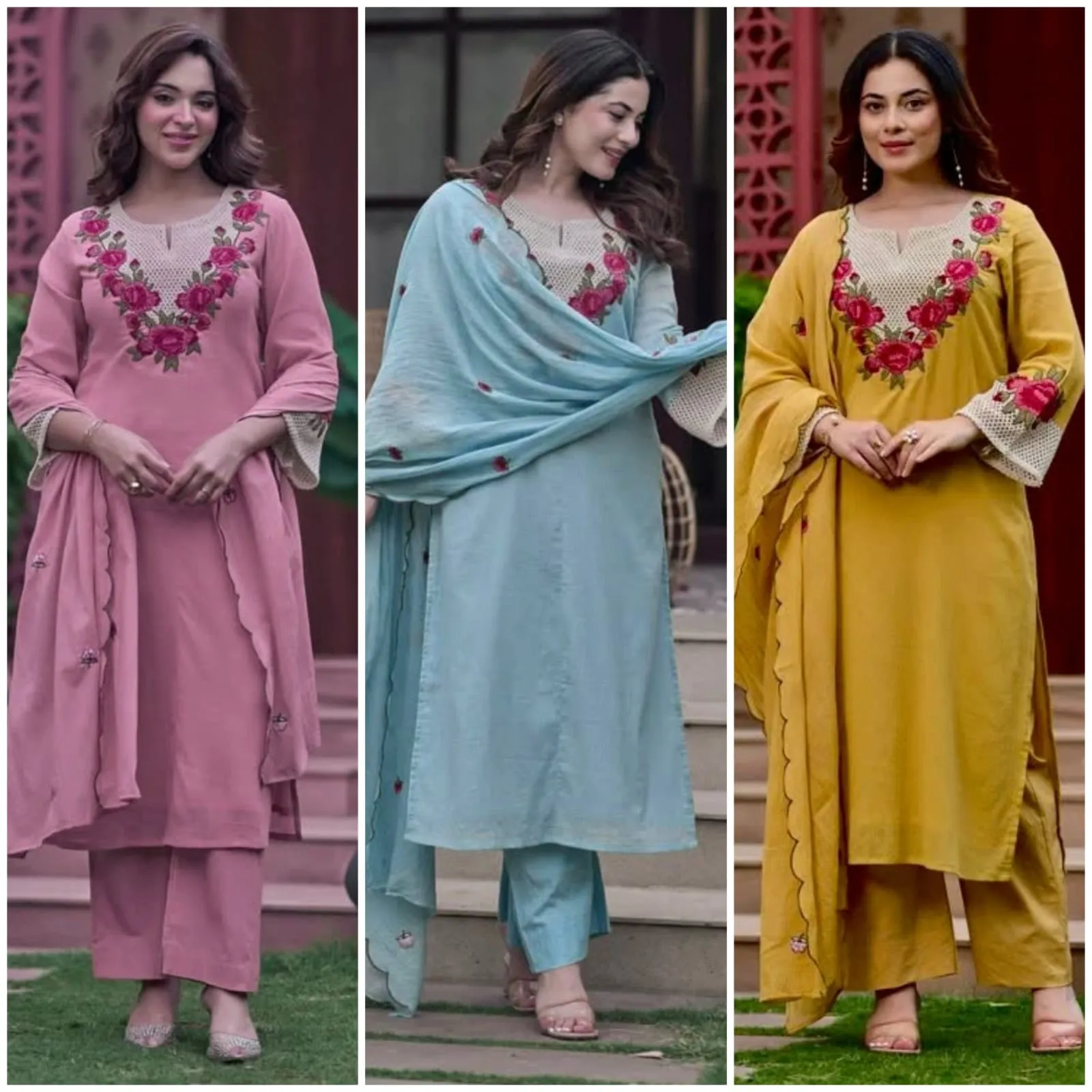 Festive Crush Silk Kurta Pant Set with Floral Embroidered Yoke & Scalloped Chanderi Dupatta (Sizes M–3XL)