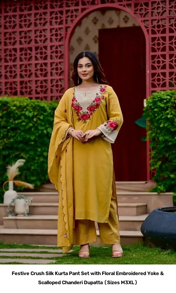 Festive Crush Silk Kurta Pant Set with Floral Embroidered Yoke & Scalloped Chanderi Dupatta (Sizes M–3XL) 10