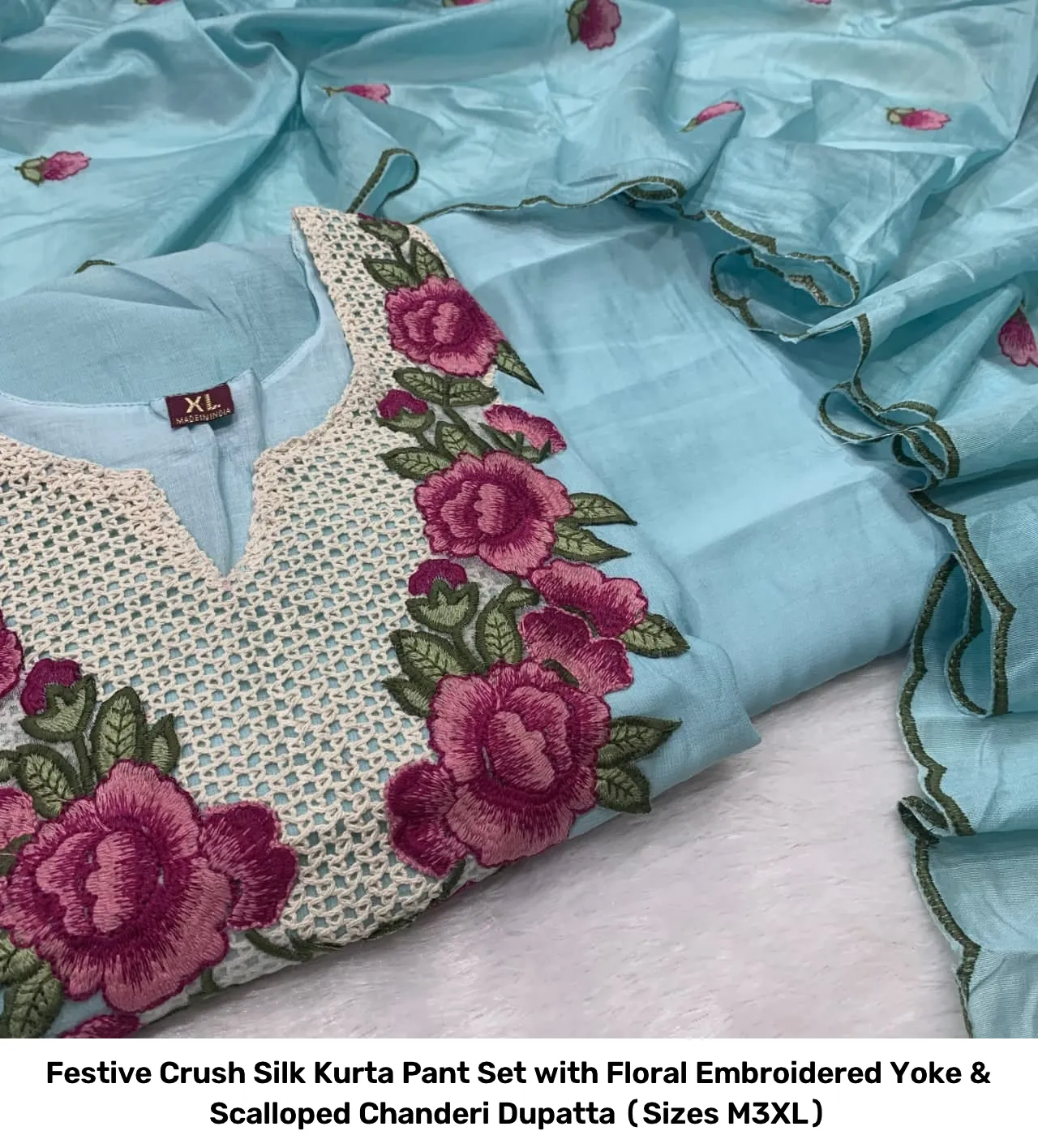 Festive Crush Silk Kurta Pant Set with Floral Embroidered Yoke & Scalloped Chanderi Dupatta (Sizes M–3XL) 12