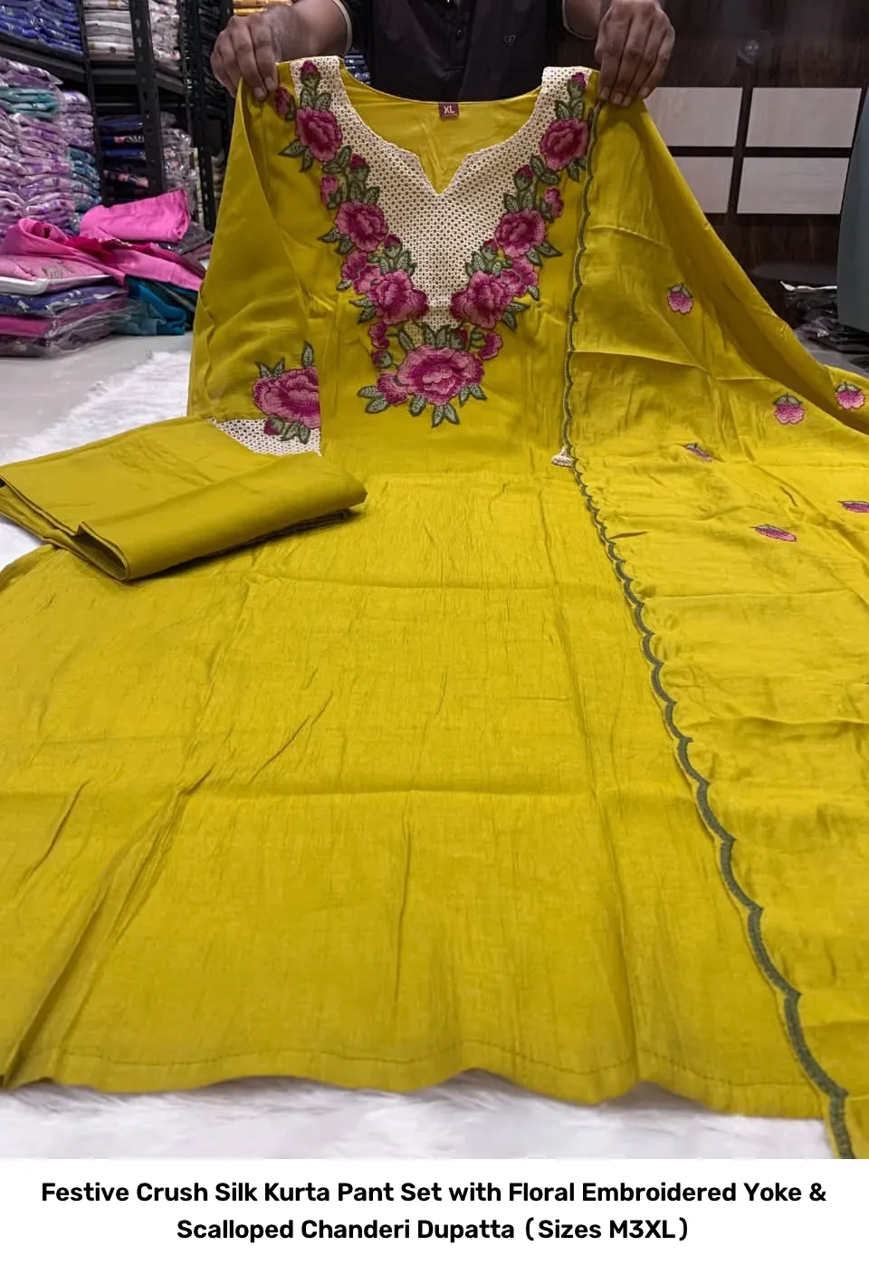 Festive Crush Silk Kurta Pant Set with Floral Embroidered Yoke & Scalloped Chanderi Dupatta (Sizes M–3XL) 13