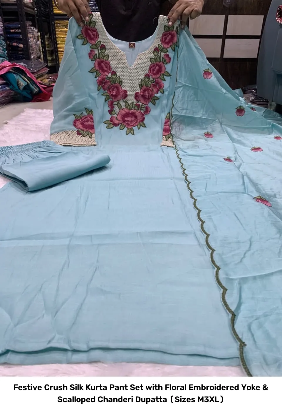 Festive Crush Silk Kurta Pant Set with Floral Embroidered Yoke & Scalloped Chanderi Dupatta (Sizes M–3XL) 15