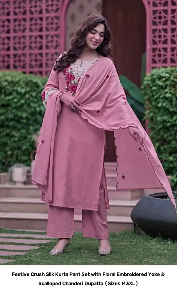 Festive Crush Silk Kurta Pant Set with Floral Embroidered Yoke & Scalloped Chanderi Dupatta (Sizes M–3XL) 16