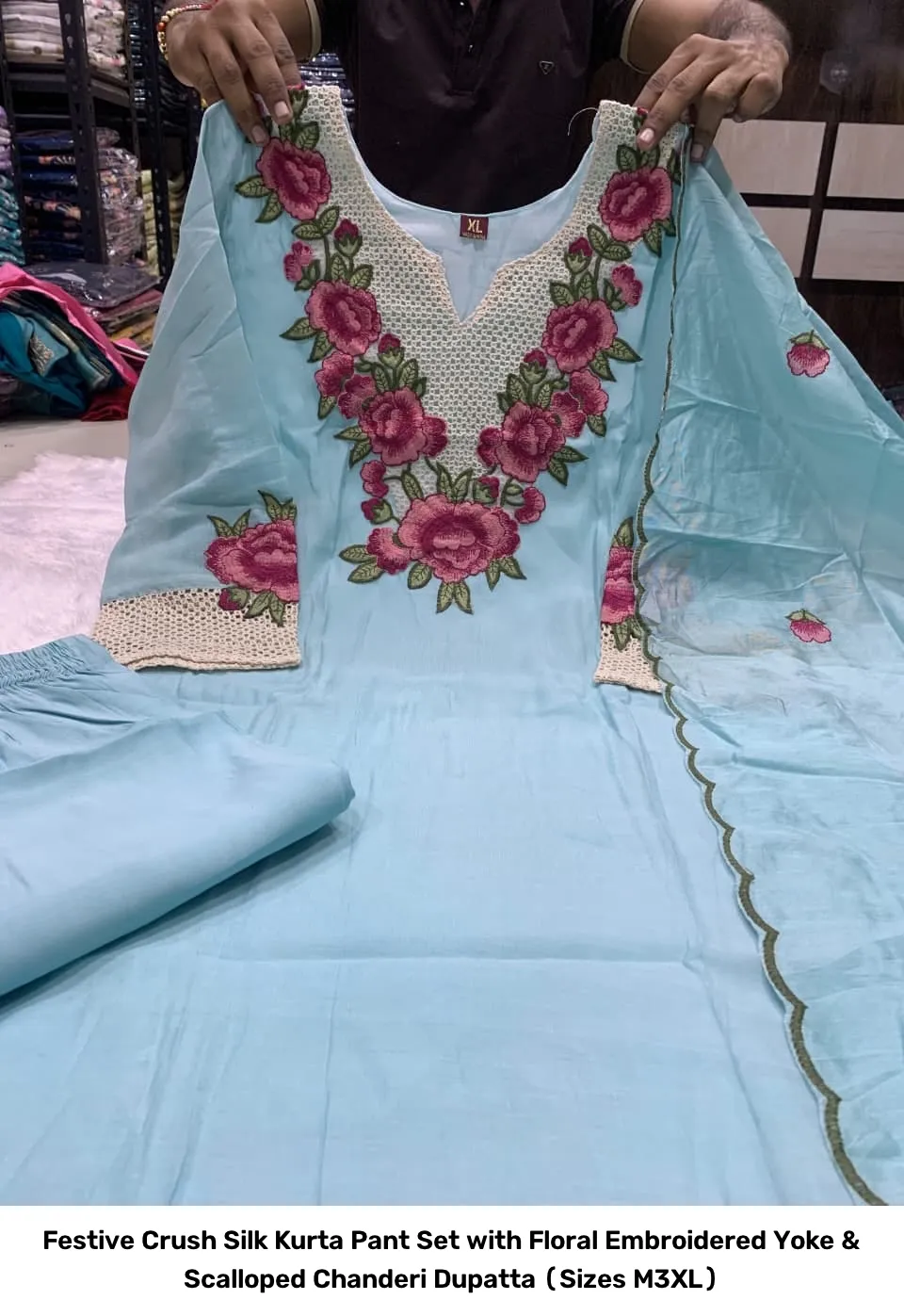 Festive Crush Silk Kurta Pant Set with Floral Embroidered Yoke & Scalloped Chanderi Dupatta (Sizes M–3XL) 17