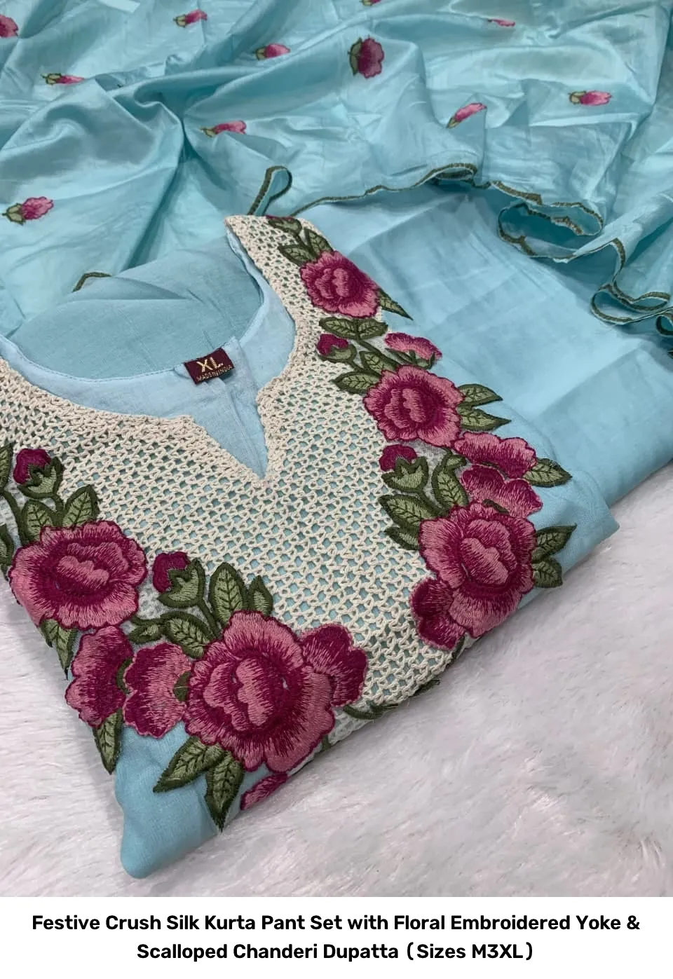 Festive Crush Silk Kurta Pant Set with Floral Embroidered Yoke & Scalloped Chanderi Dupatta (Sizes M–3XL) 18