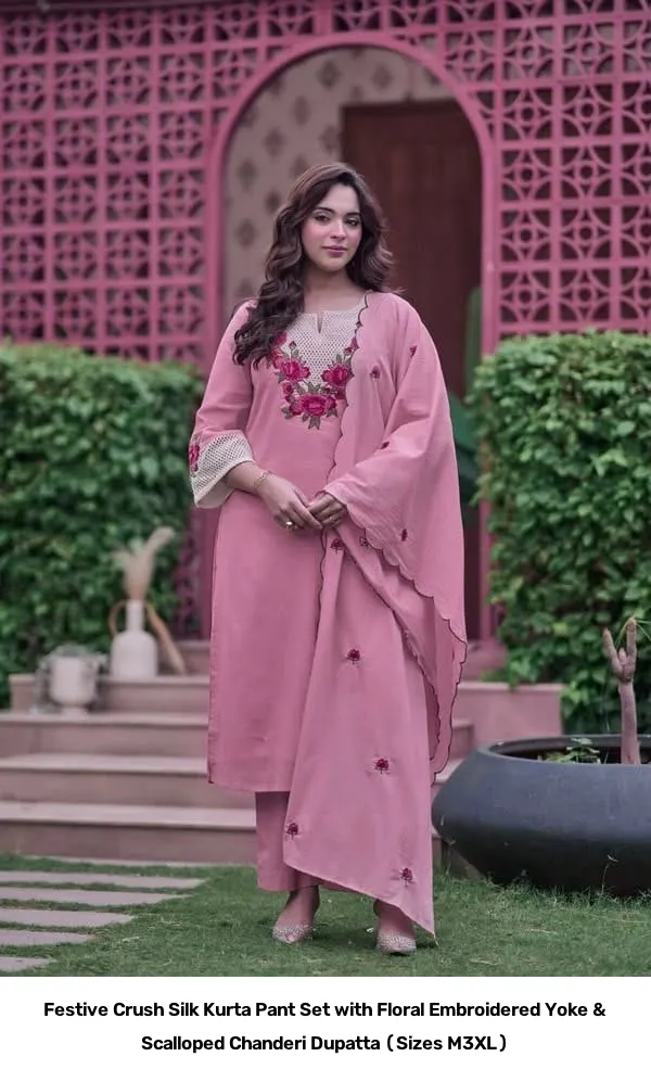 Festive Crush Silk Kurta Pant Set with Floral Embroidered Yoke & Scalloped Chanderi Dupatta (Sizes M–3XL) 19