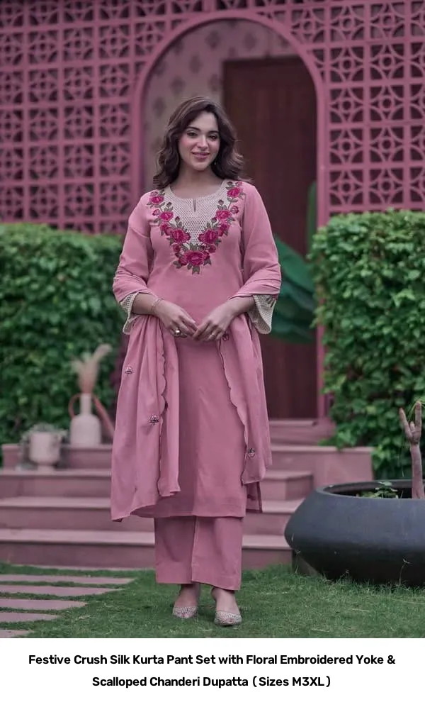 Festive Crush Silk Kurta Pant Set with Floral Embroidered Yoke & Scalloped Chanderi Dupatta (Sizes M–3XL) 2