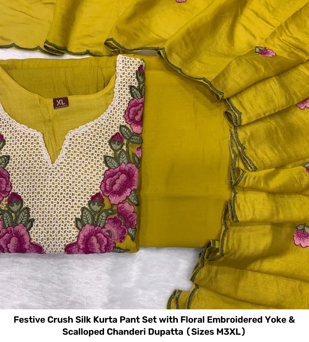 Festive Crush Silk Kurta Pant Set with Floral Embroidered Yoke & Scalloped Chanderi Dupatta (Sizes M–3XL) 4