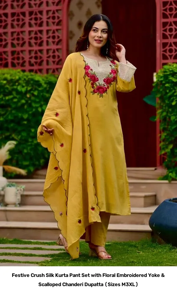 Festive Crush Silk Kurta Pant Set with Floral Embroidered Yoke & Scalloped Chanderi Dupatta (Sizes M–3XL) 5
