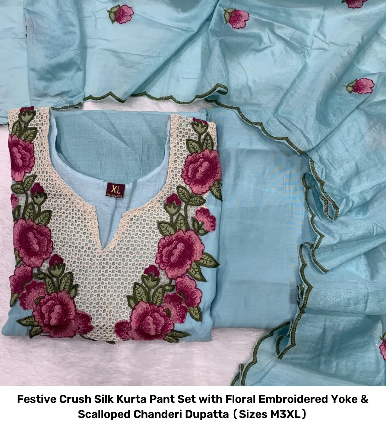 Festive Crush Silk Kurta Pant Set with Floral Embroidered Yoke & Scalloped Chanderi Dupatta (Sizes M–3XL) 7