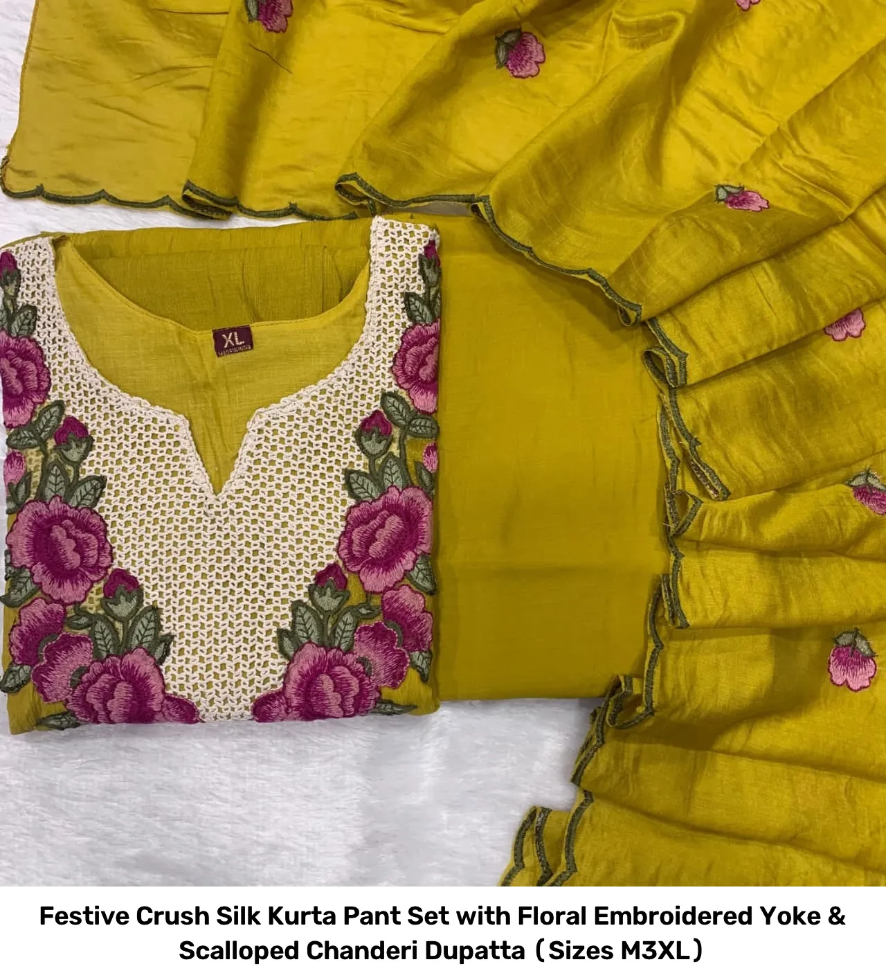 Festive Crush Silk Kurta Pant Set with Floral Embroidered Yoke & Scalloped Chanderi Dupatta (Sizes M–3XL) 9