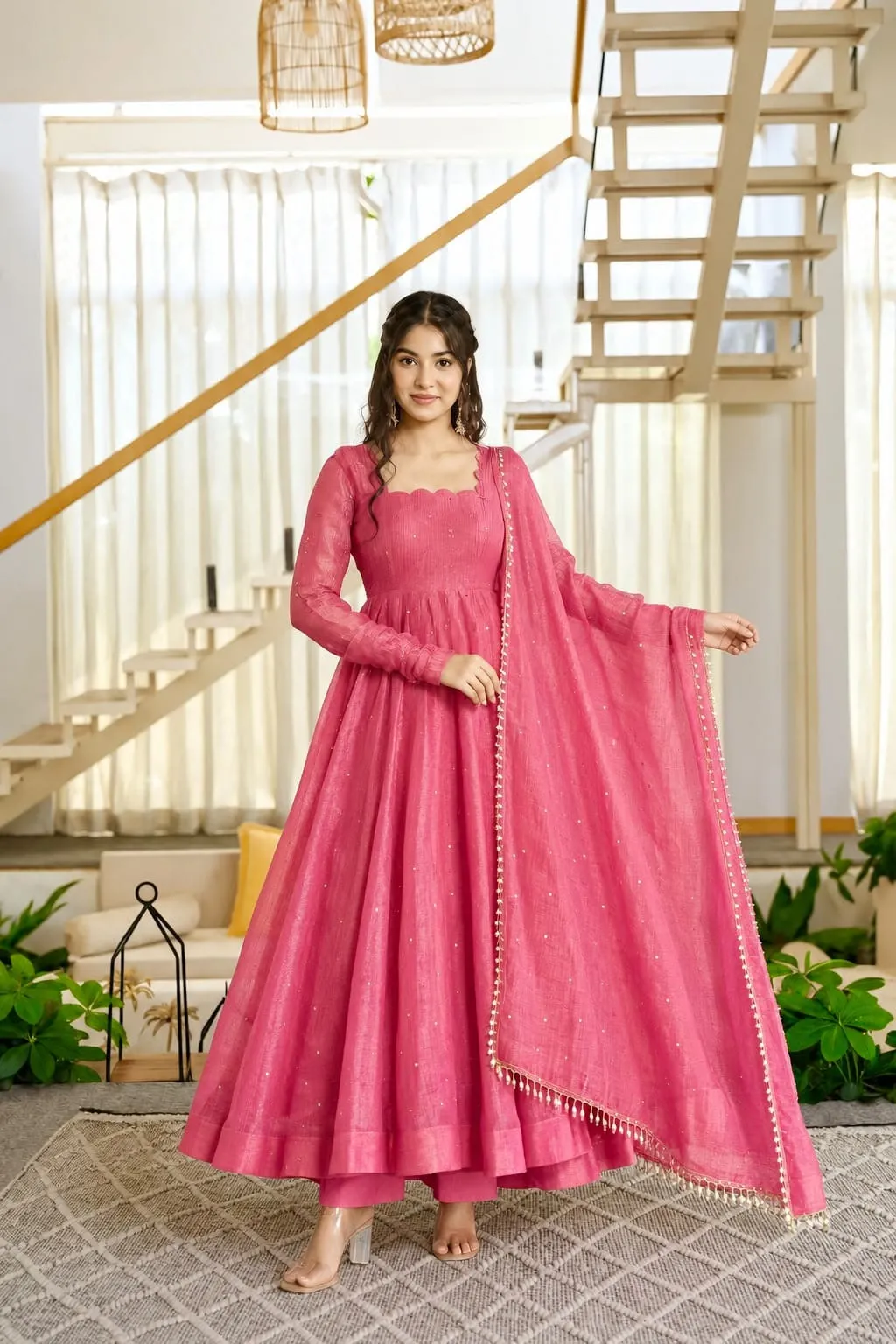 Festive Haldi & Party Wear Crushed Silk Anarkali 3-Piece Set