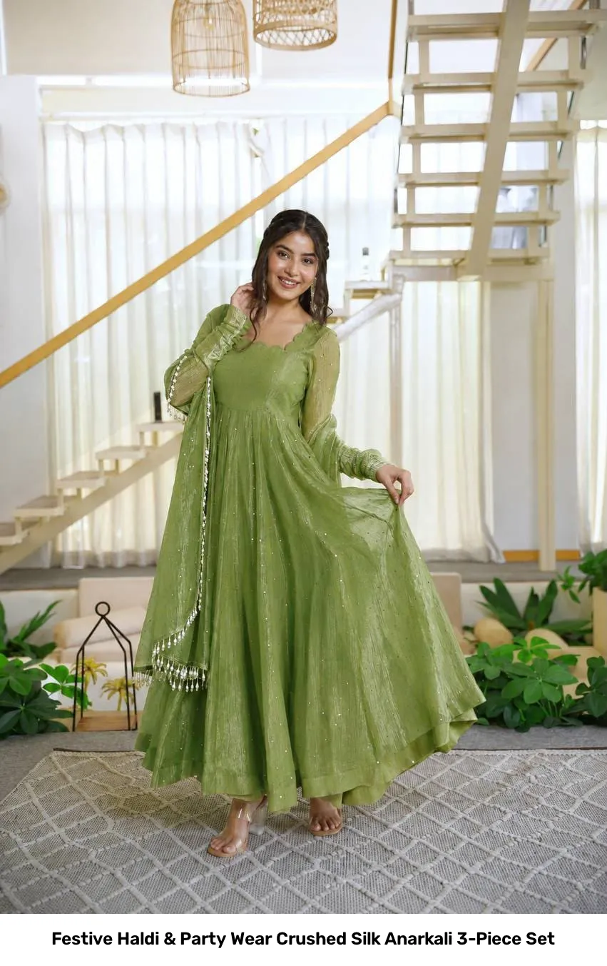 Festive Haldi & Party Wear Crushed Silk Anarkali 3-Piece Set 10