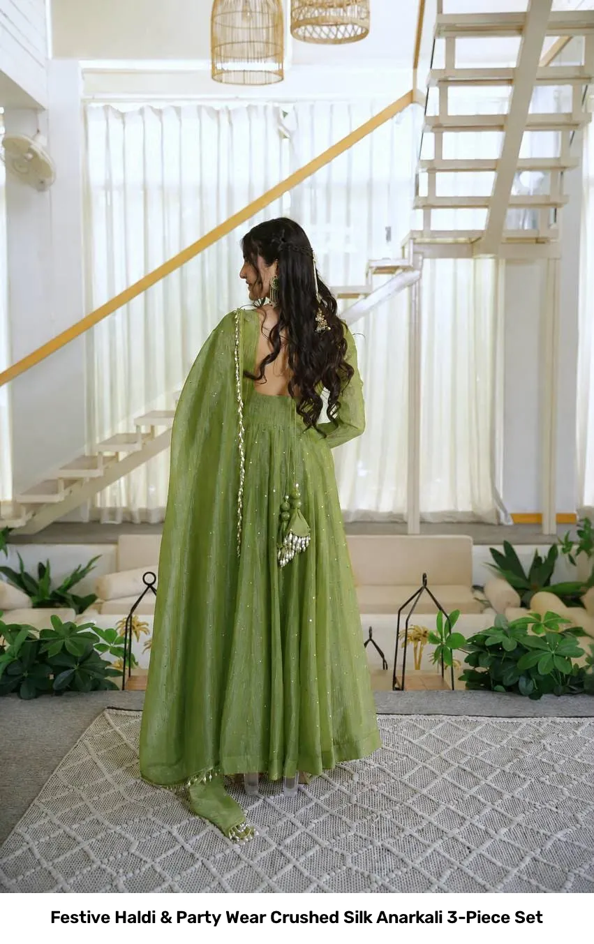 Festive Haldi & Party Wear Crushed Silk Anarkali 3-Piece Set 11