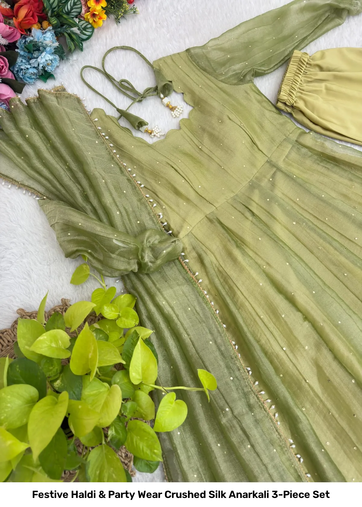 Festive Haldi & Party Wear Crushed Silk Anarkali 3-Piece Set 2