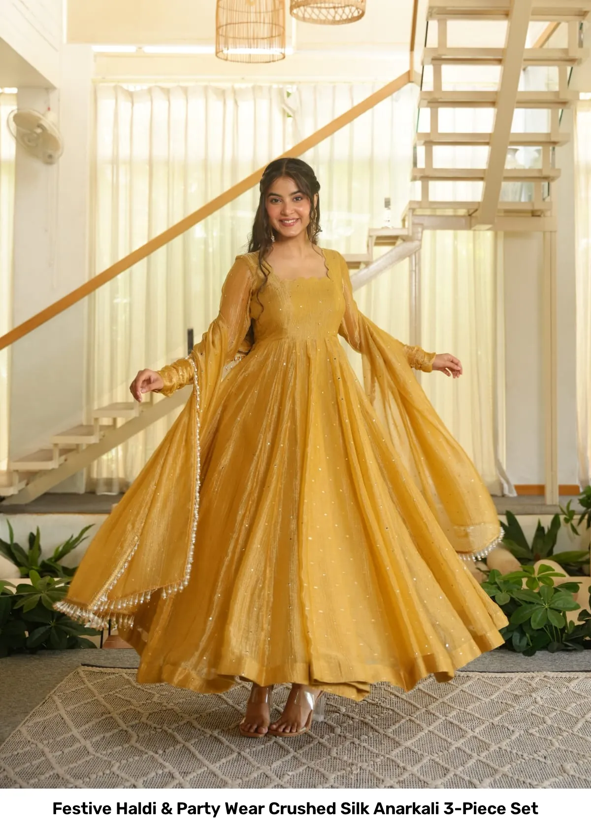 Festive Haldi & Party Wear Crushed Silk Anarkali 3-Piece Set 3