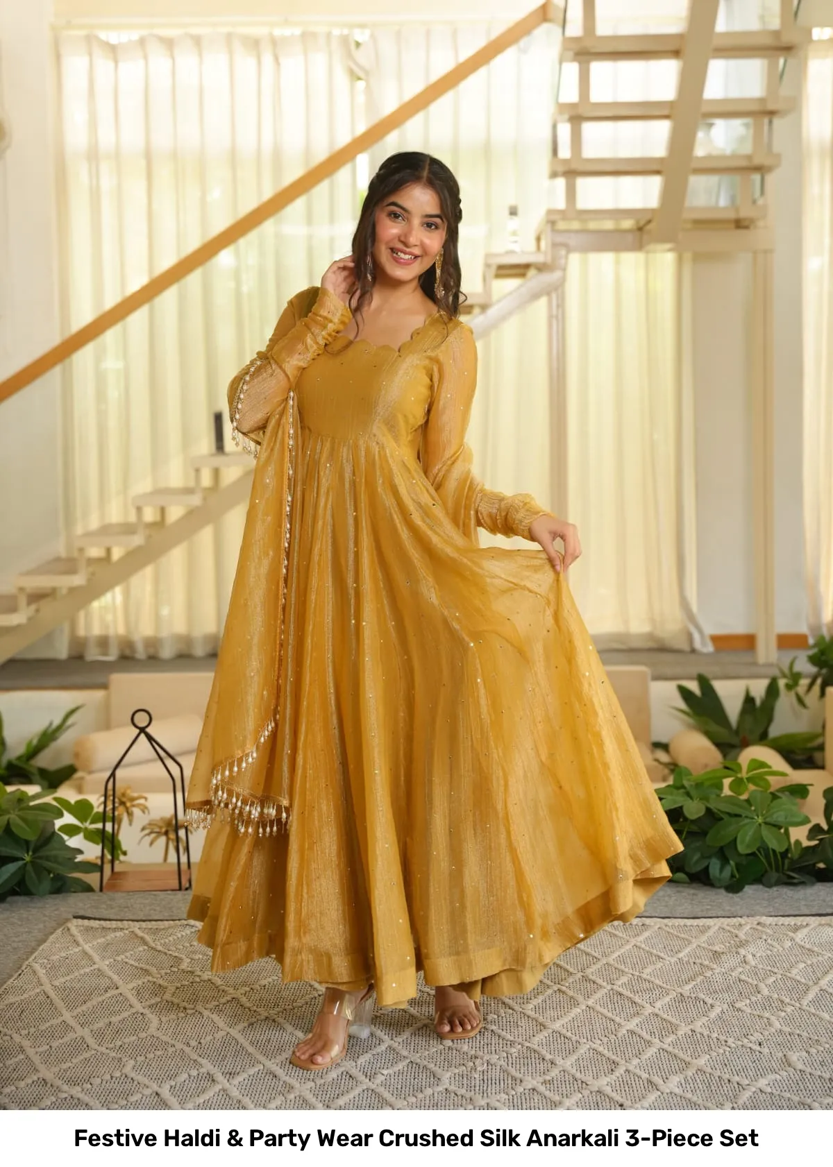 Festive Haldi & Party Wear Crushed Silk Anarkali 3-Piece Set 4