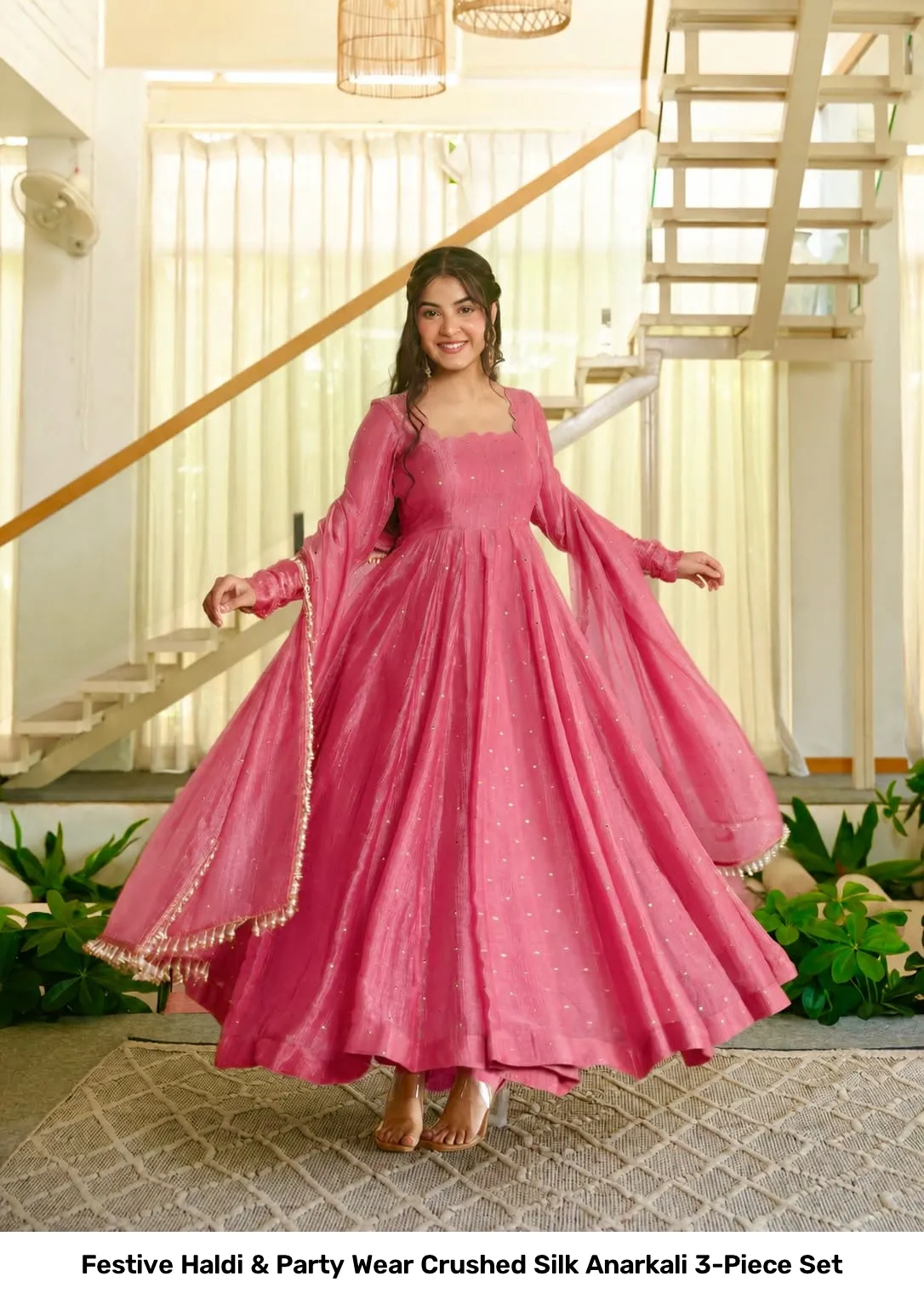 Festive Haldi & Party Wear Crushed Silk Anarkali 3-Piece Set 5
