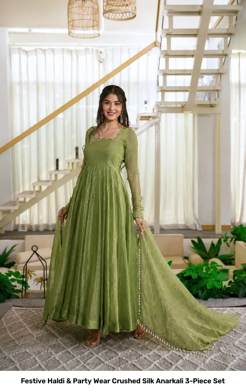 Festive Haldi & Party Wear Crushed Silk Anarkali 3-Piece Set 6