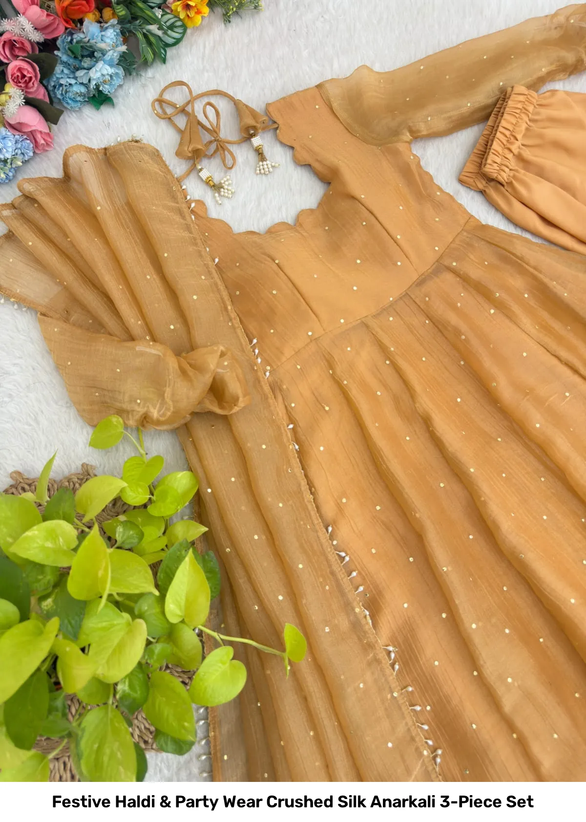 Festive Haldi & Party Wear Crushed Silk Anarkali 3-Piece Set 7