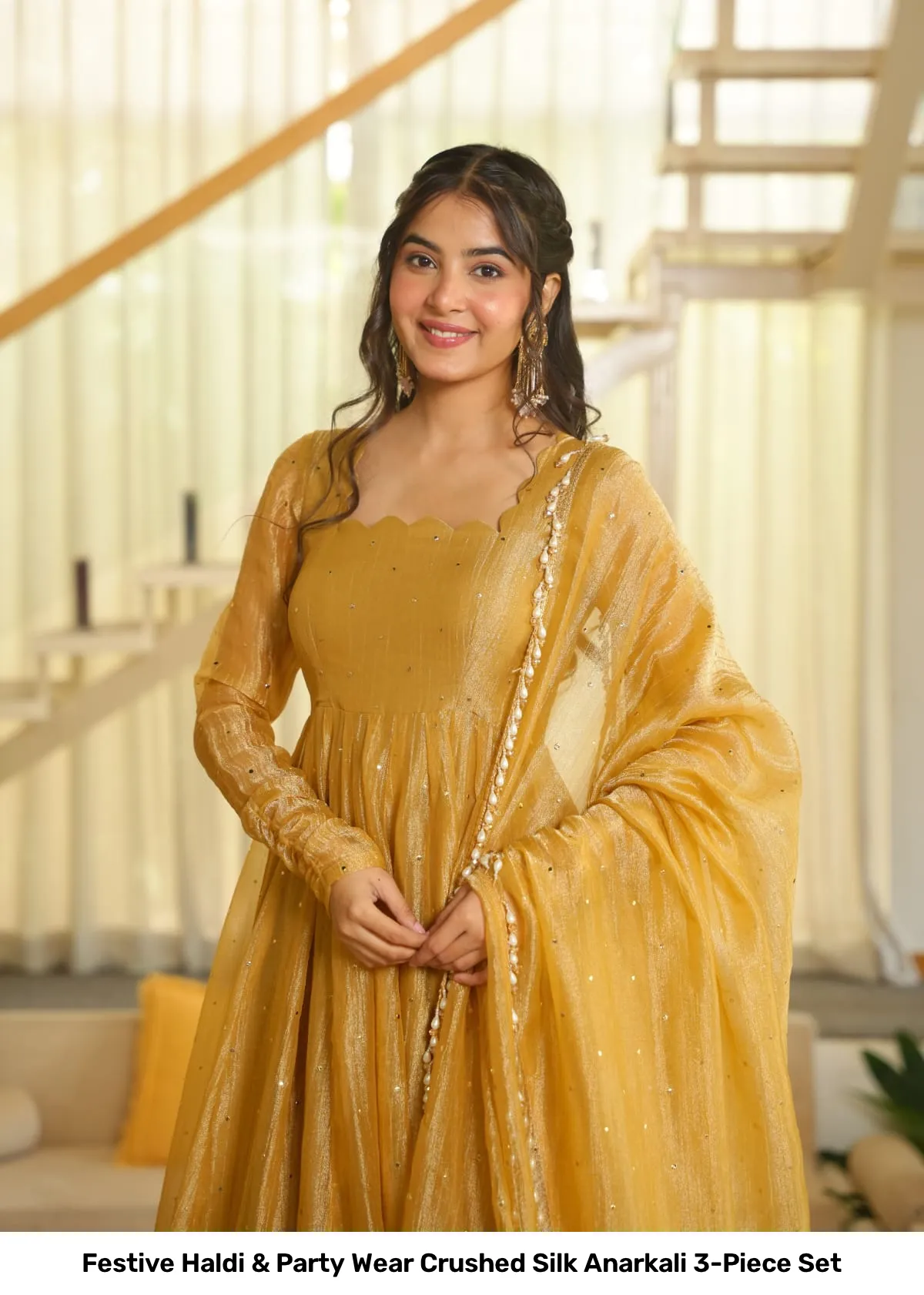 Festive Haldi & Party Wear Crushed Silk Anarkali 3-Piece Set 8