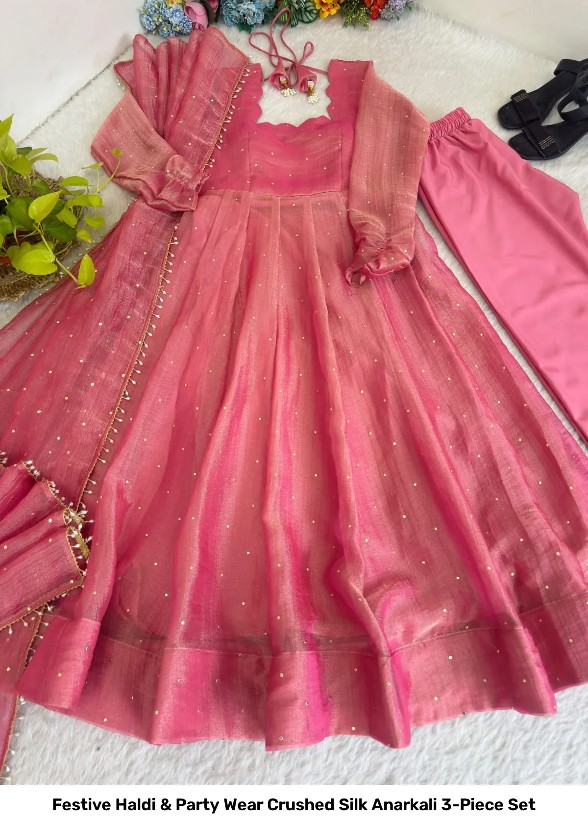 Festive Haldi & Party Wear Crushed Silk Anarkali 3-Piece Set 9