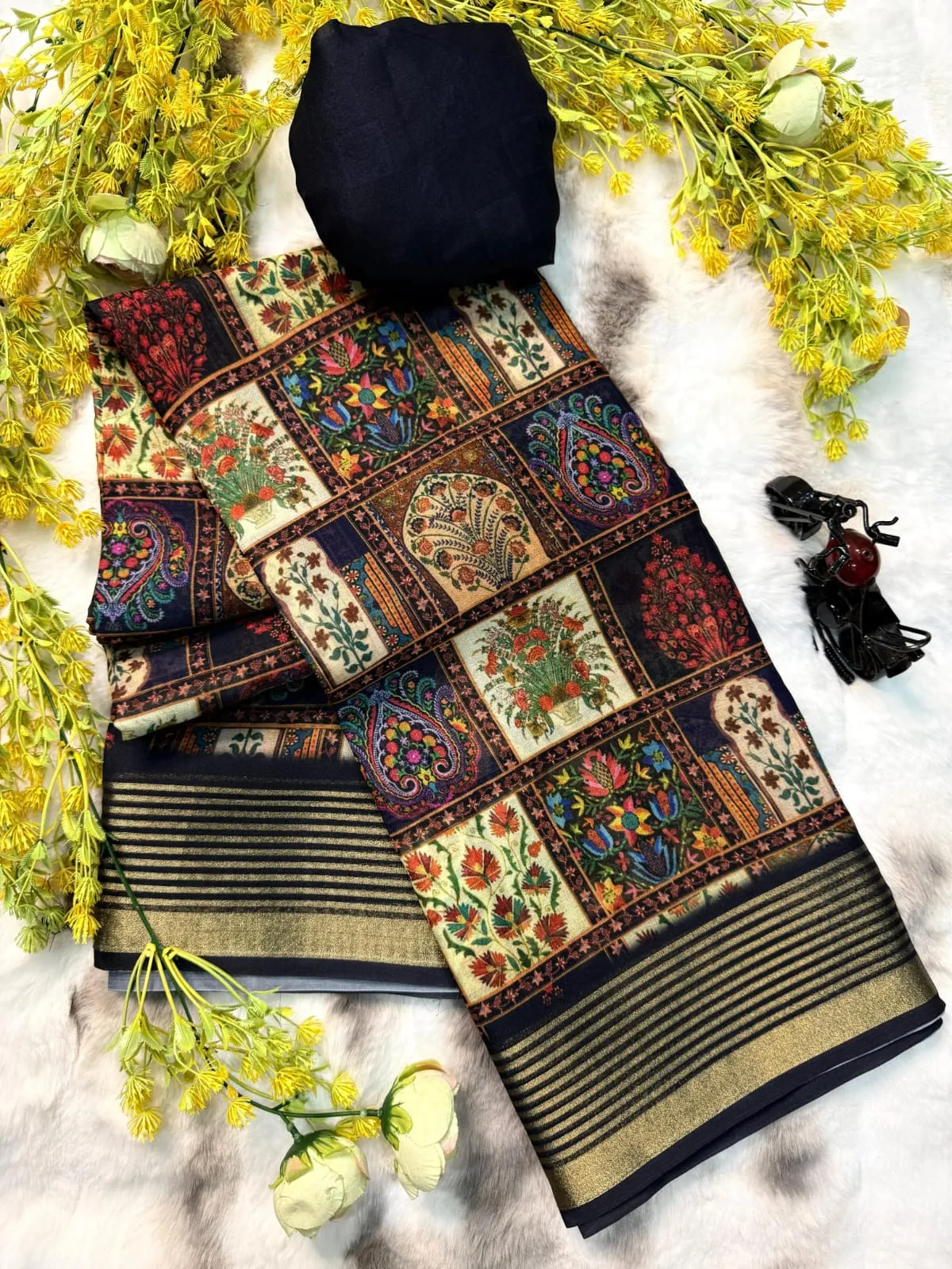 Floral Digital Printed Dull Moss Silk Saree – Woven Gold Zari Striped Border Lightweight Daily Wear Uniform Saree