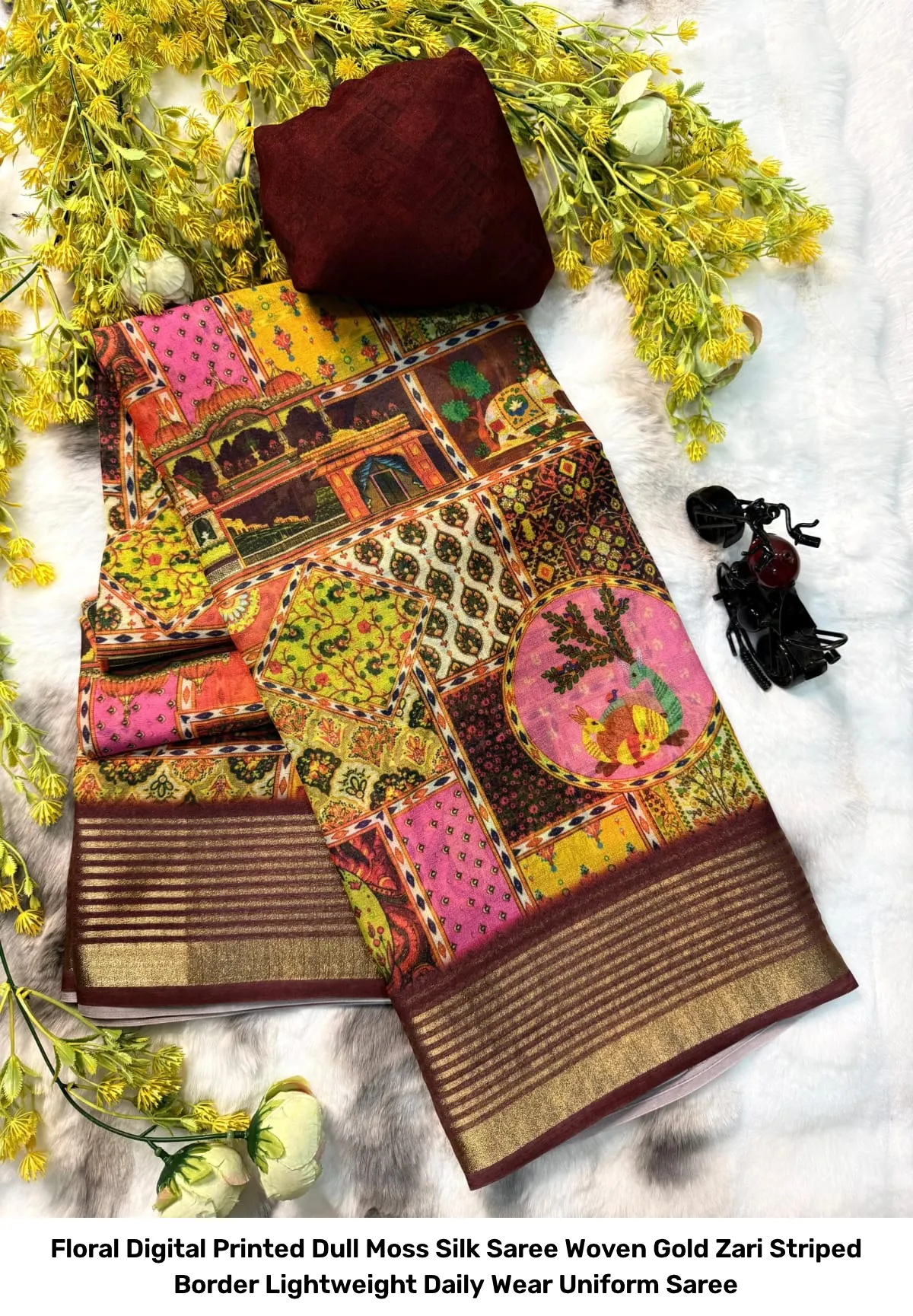 Floral Digital Printed Dull Moss Silk Saree – Woven Gold Zari Striped Border Lightweight Daily Wear Uniform Saree 2
