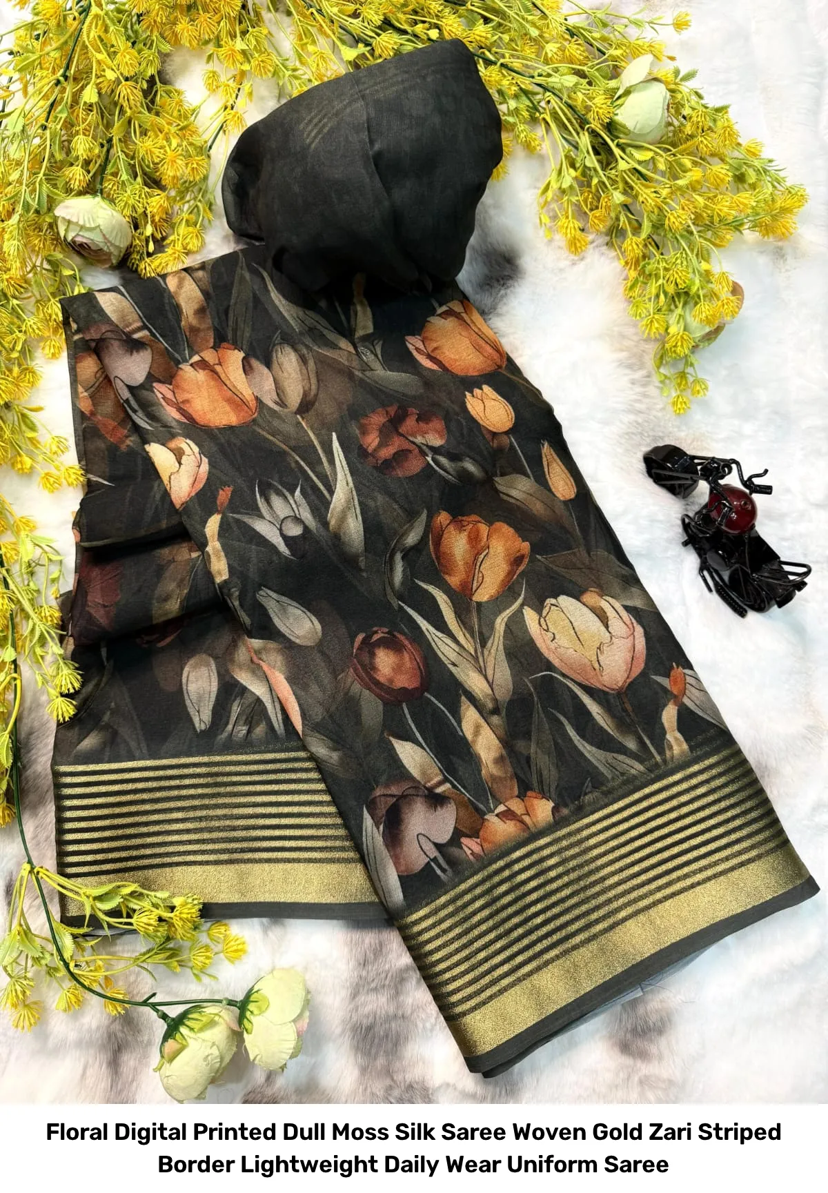 Floral Digital Printed Dull Moss Silk Saree – Woven Gold Zari Striped Border Lightweight Daily Wear Uniform Saree 3