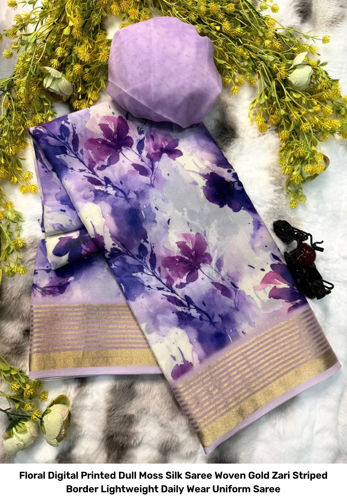 Floral Digital Printed Dull Moss Silk Saree – Woven Gold Zari Striped Border Lightweight Daily Wear Uniform Saree 4