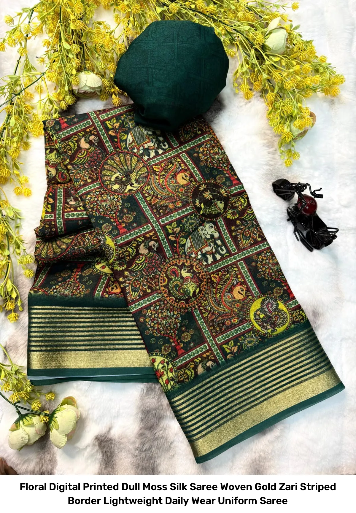 Floral Digital Printed Dull Moss Silk Saree – Woven Gold Zari Striped Border Lightweight Daily Wear Uniform Saree 5