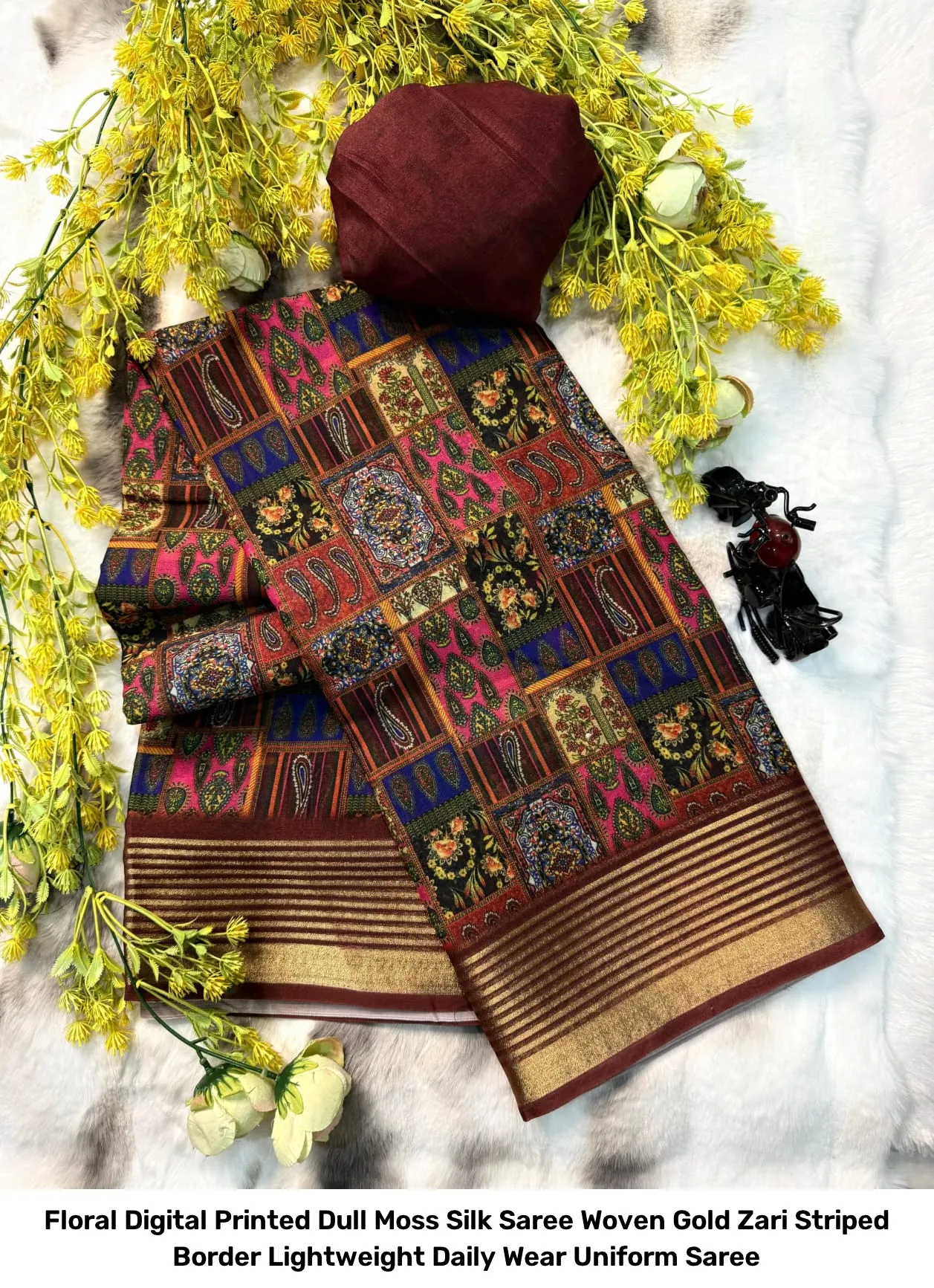 Floral Digital Printed Dull Moss Silk Saree – Woven Gold Zari Striped Border Lightweight Daily Wear Uniform Saree 6