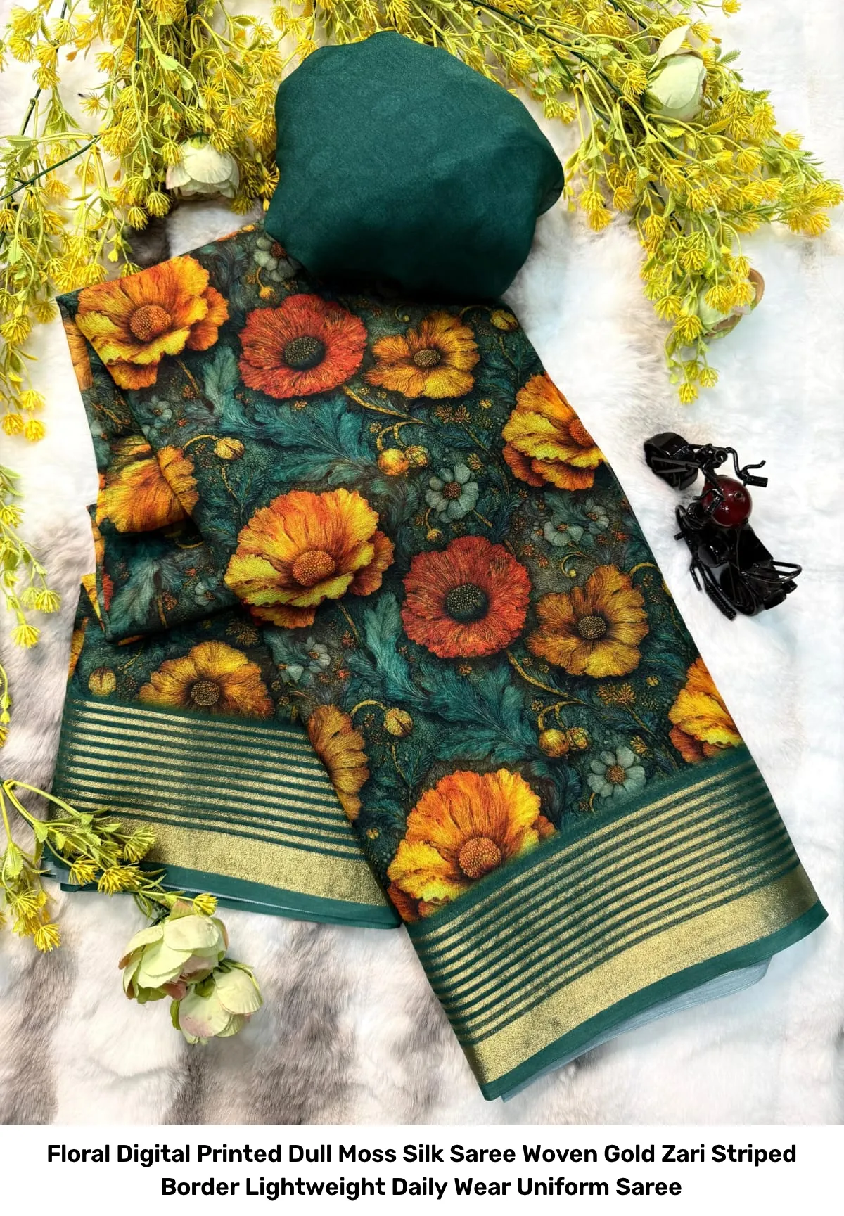 Floral Digital Printed Dull Moss Silk Saree – Woven Gold Zari Striped Border Lightweight Daily Wear Uniform Saree 7