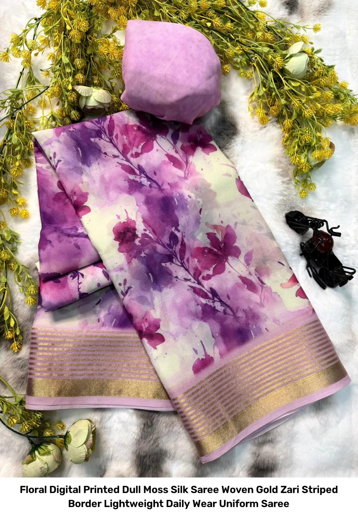 Floral Digital Printed Dull Moss Silk Saree – Woven Gold Zari Striped Border Lightweight Daily Wear Uniform Saree 8