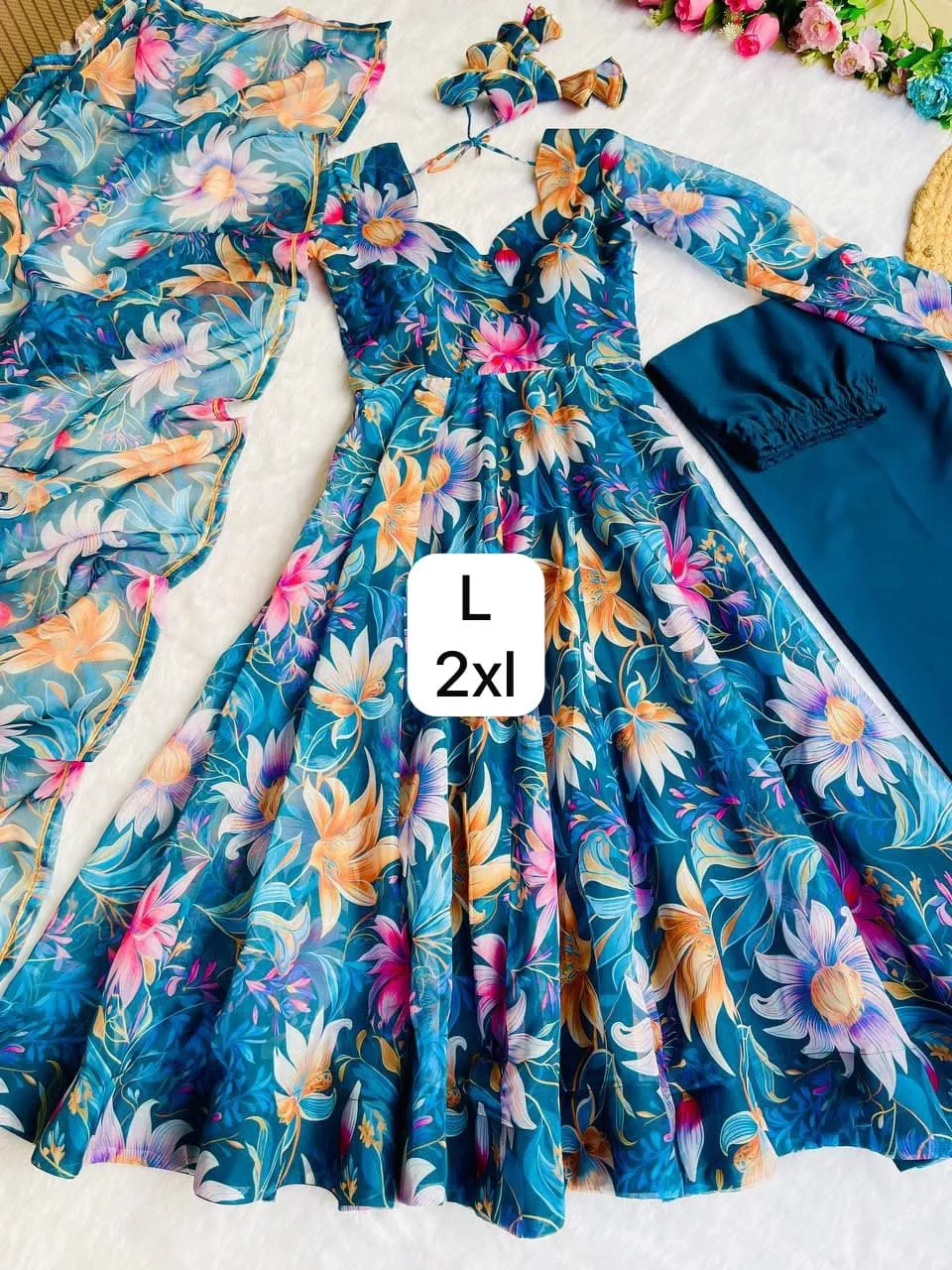 Floral Digital Printed Organza Silk Anarkali Gown with Pant & Dupatta Set | Designer Party Wear Long Flared Suit