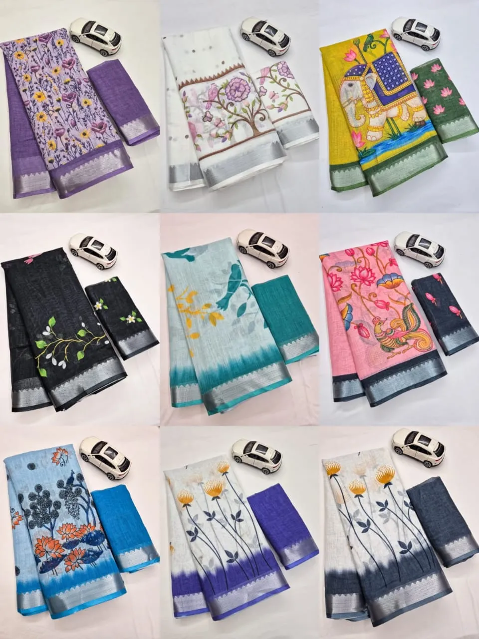 Floral Digital Printed Soft Linen Saree | Silver Temple Zari Border & Blouse