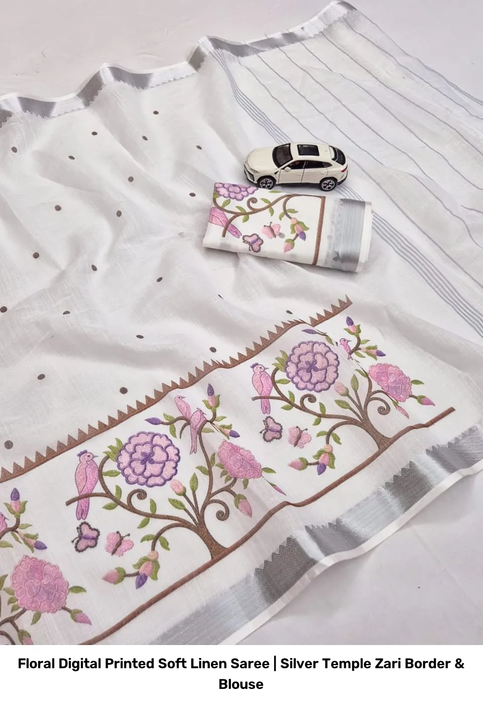Floral Digital Printed Soft Linen Saree | Silver Temple Zari Border & Blouse 10