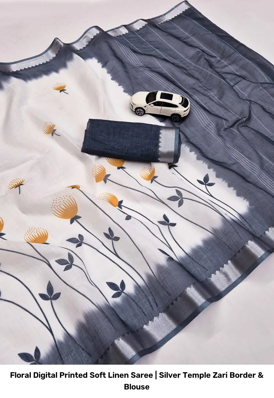Floral Digital Printed Soft Linen Saree | Silver Temple Zari Border & Blouse 11