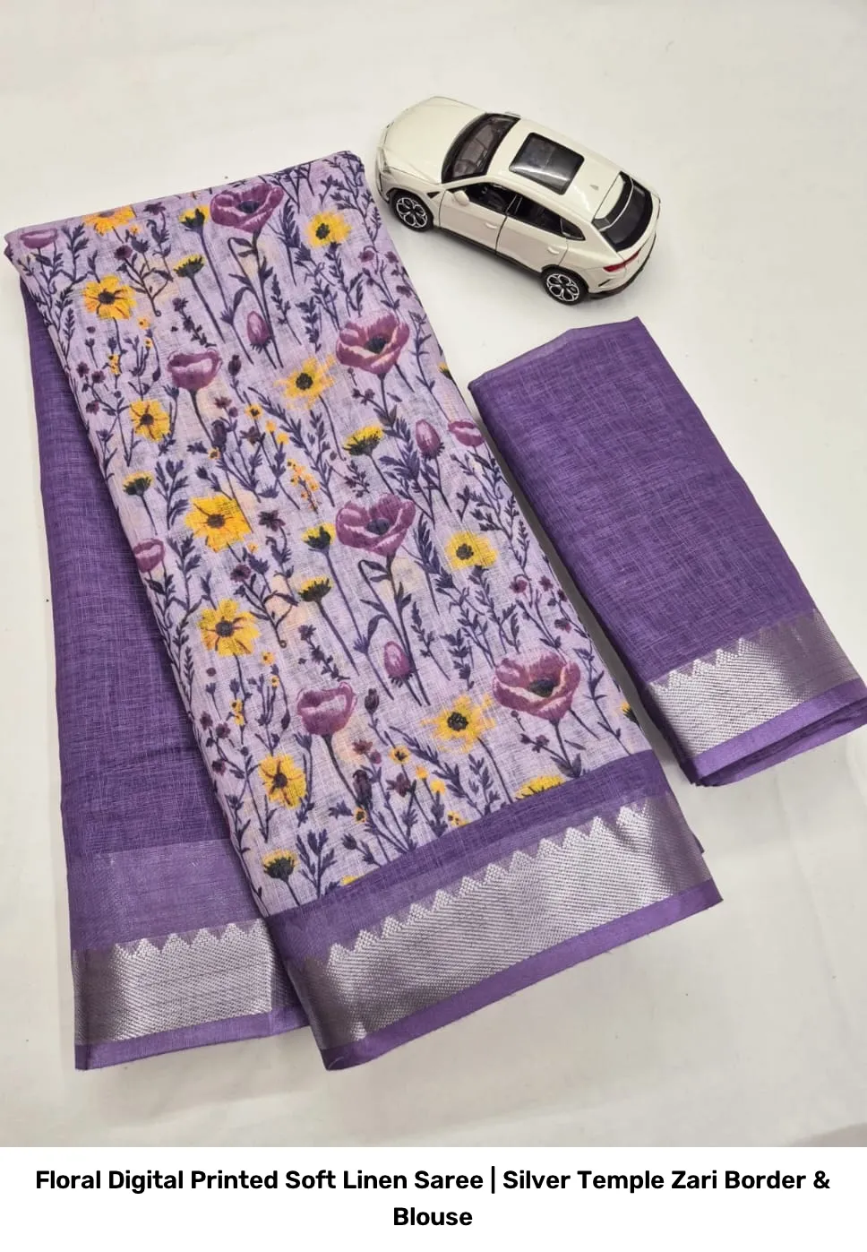 Floral Digital Printed Soft Linen Saree | Silver Temple Zari Border & Blouse 12