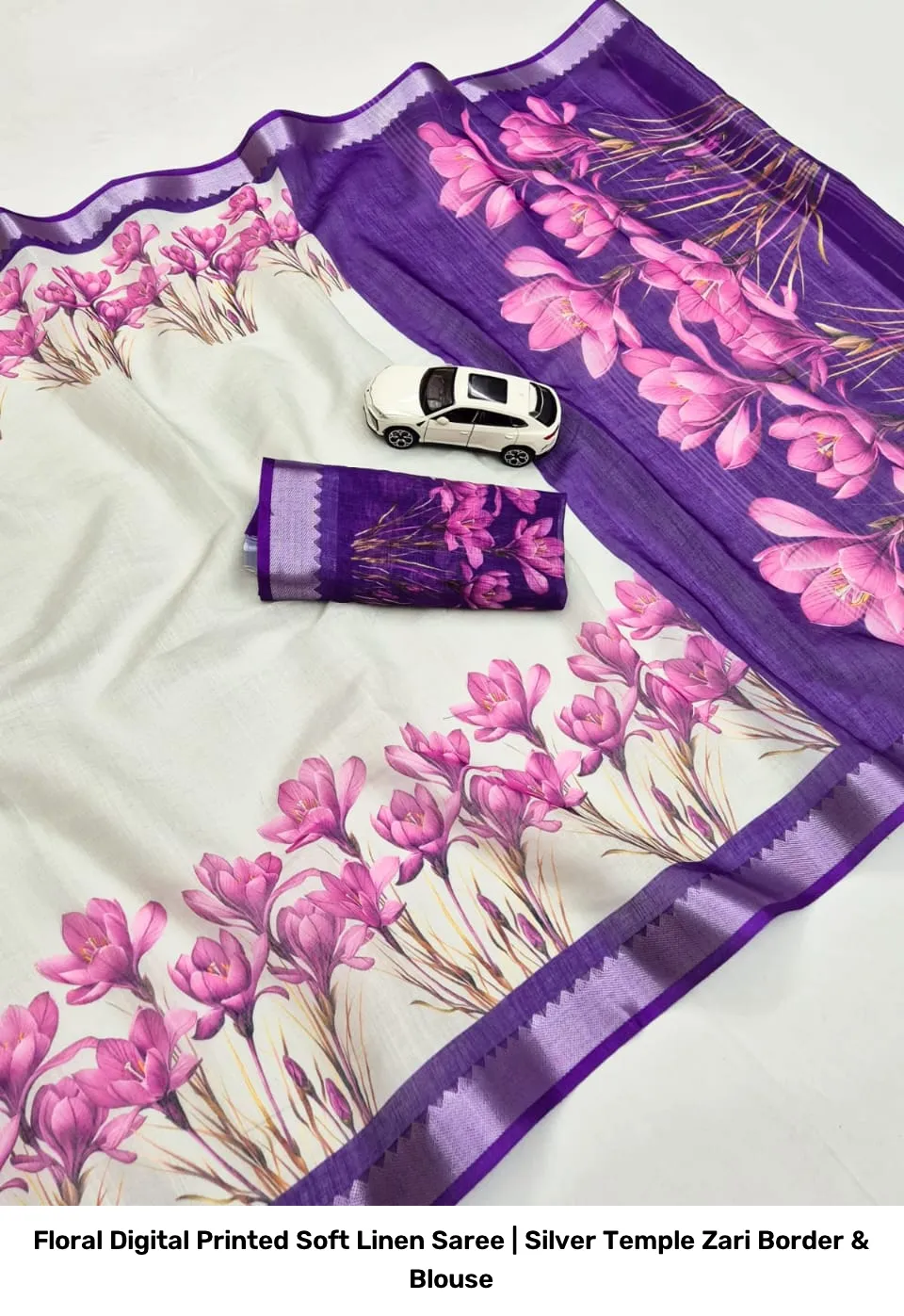 Floral Digital Printed Soft Linen Saree | Silver Temple Zari Border & Blouse 13