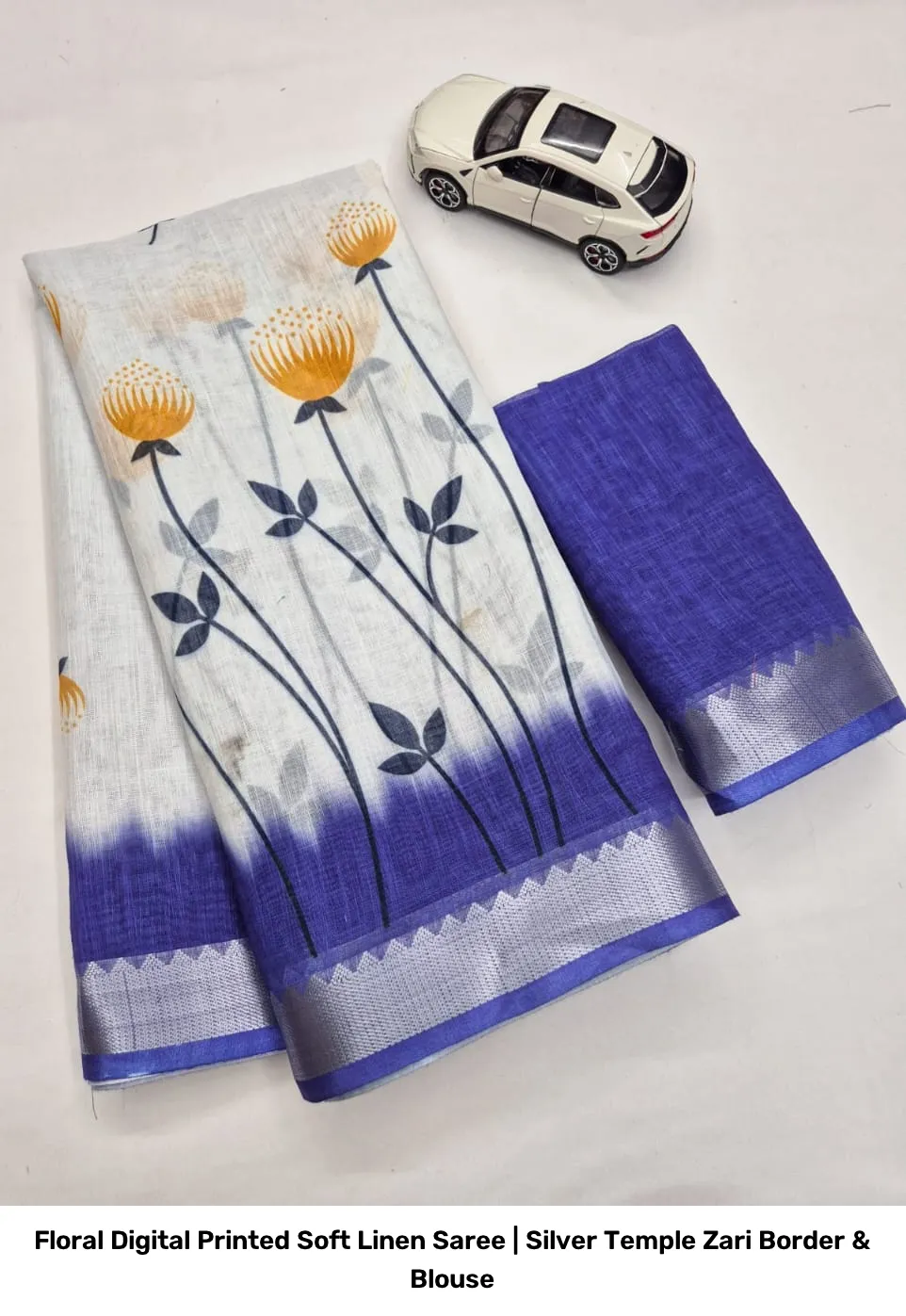 Floral Digital Printed Soft Linen Saree | Silver Temple Zari Border & Blouse 14