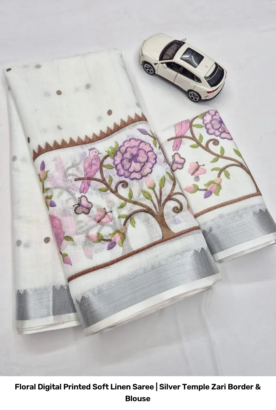 Floral Digital Printed Soft Linen Saree | Silver Temple Zari Border & Blouse 15