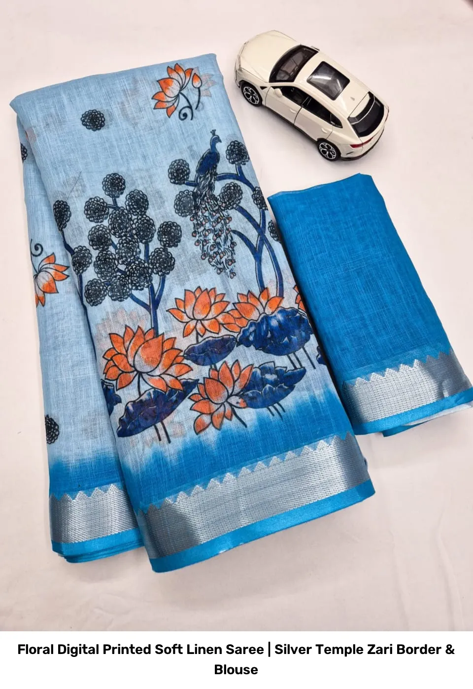 Floral Digital Printed Soft Linen Saree | Silver Temple Zari Border & Blouse 16