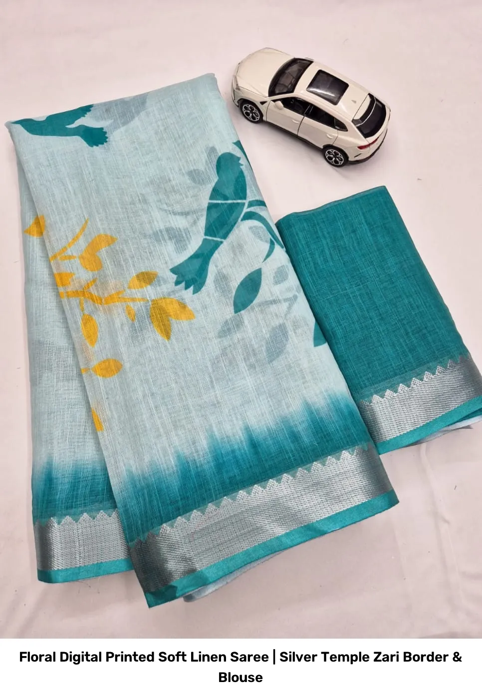 Floral Digital Printed Soft Linen Saree | Silver Temple Zari Border & Blouse 17
