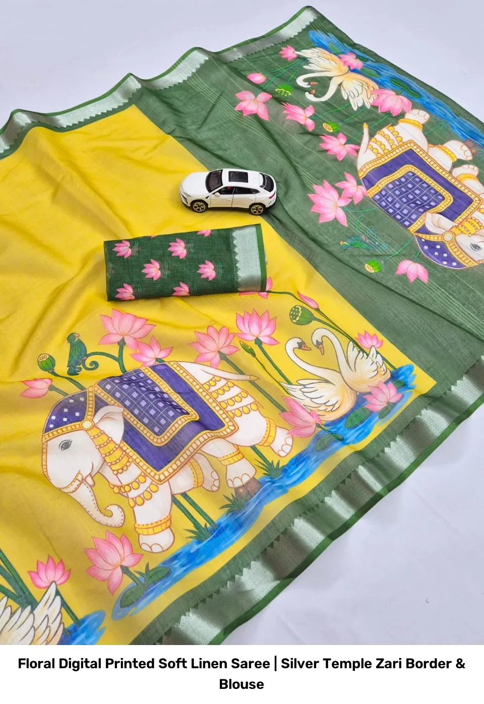 Floral Digital Printed Soft Linen Saree | Silver Temple Zari Border & Blouse 18