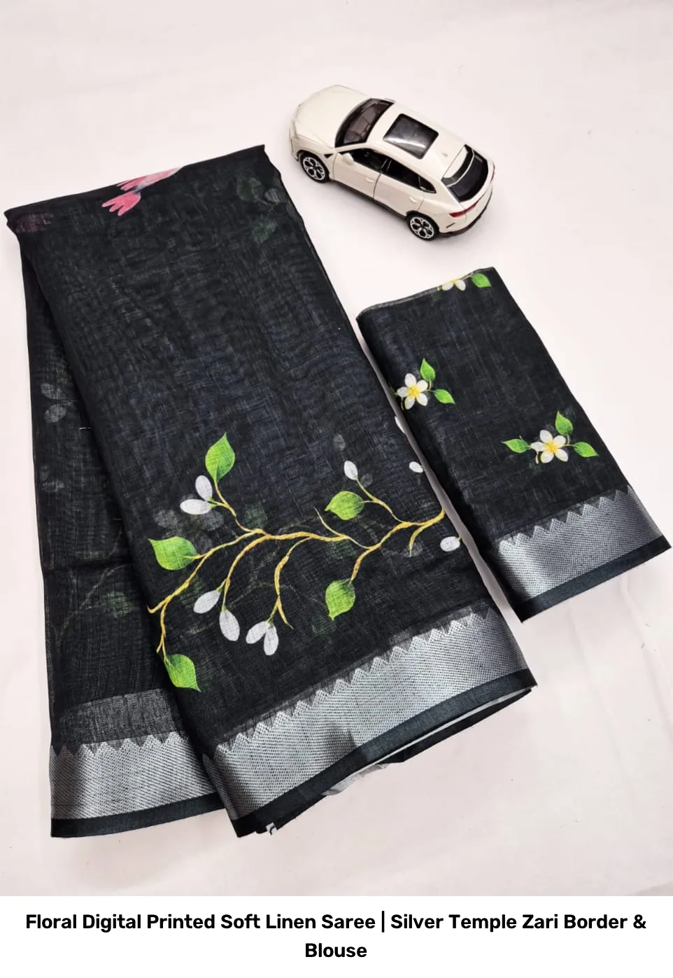 Floral Digital Printed Soft Linen Saree | Silver Temple Zari Border & Blouse 19
