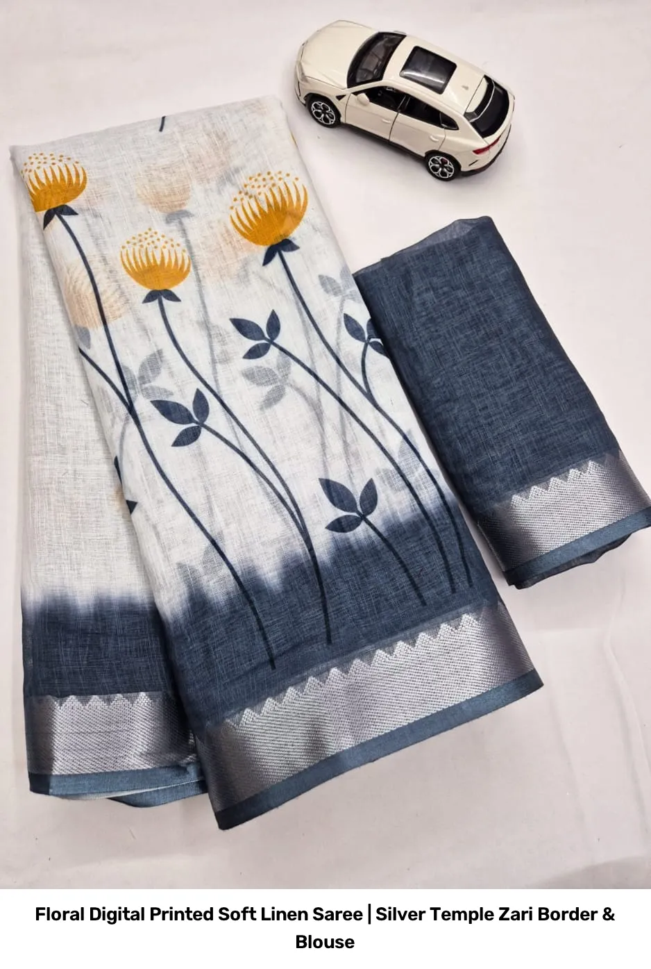 Floral Digital Printed Soft Linen Saree | Silver Temple Zari Border & Blouse 2
