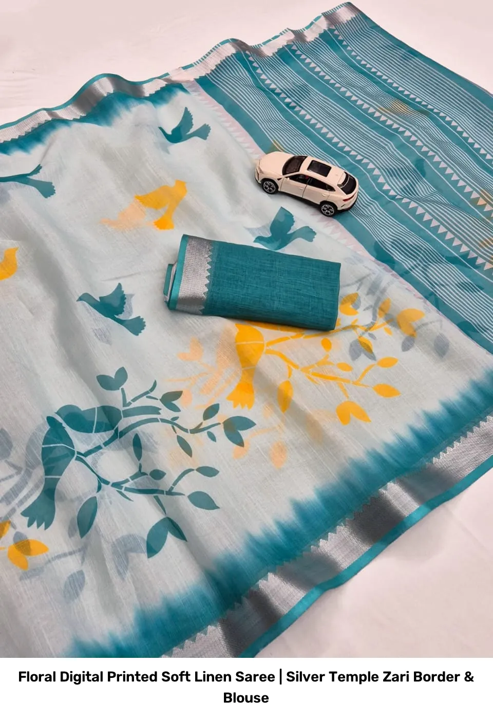 Floral Digital Printed Soft Linen Saree | Silver Temple Zari Border & Blouse 20
